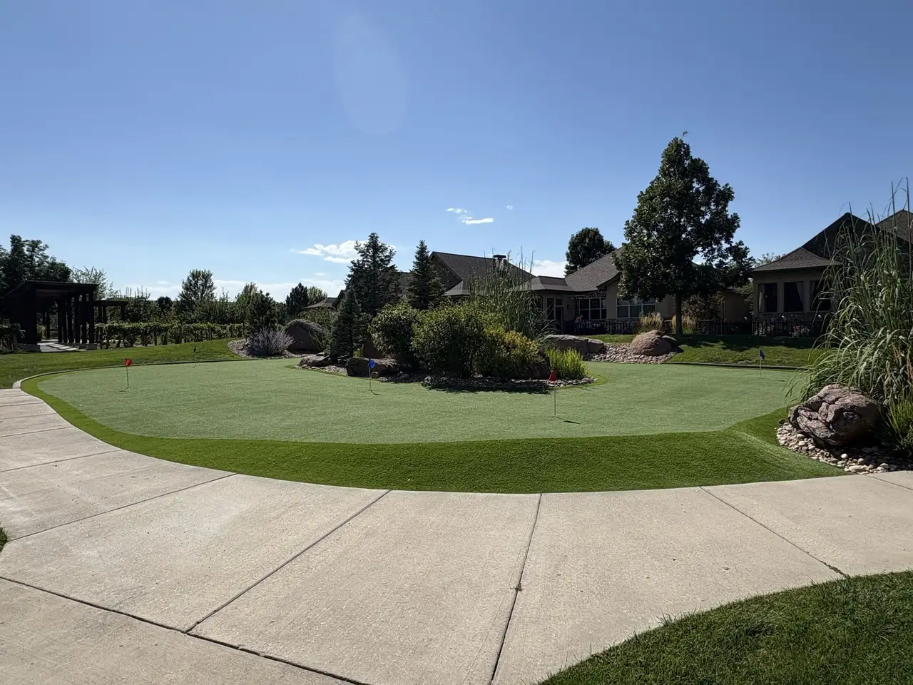 A backyard putting green seen from the driveway, fringe meeting the concrete