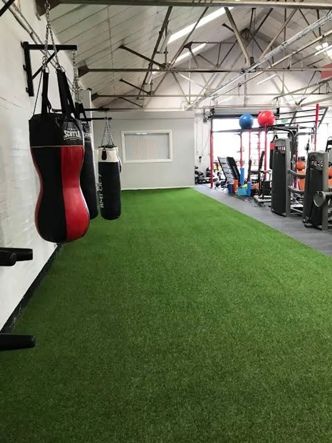 A turf training strip running the length of an indoor gym, beside hanging heavy bags and weight machines