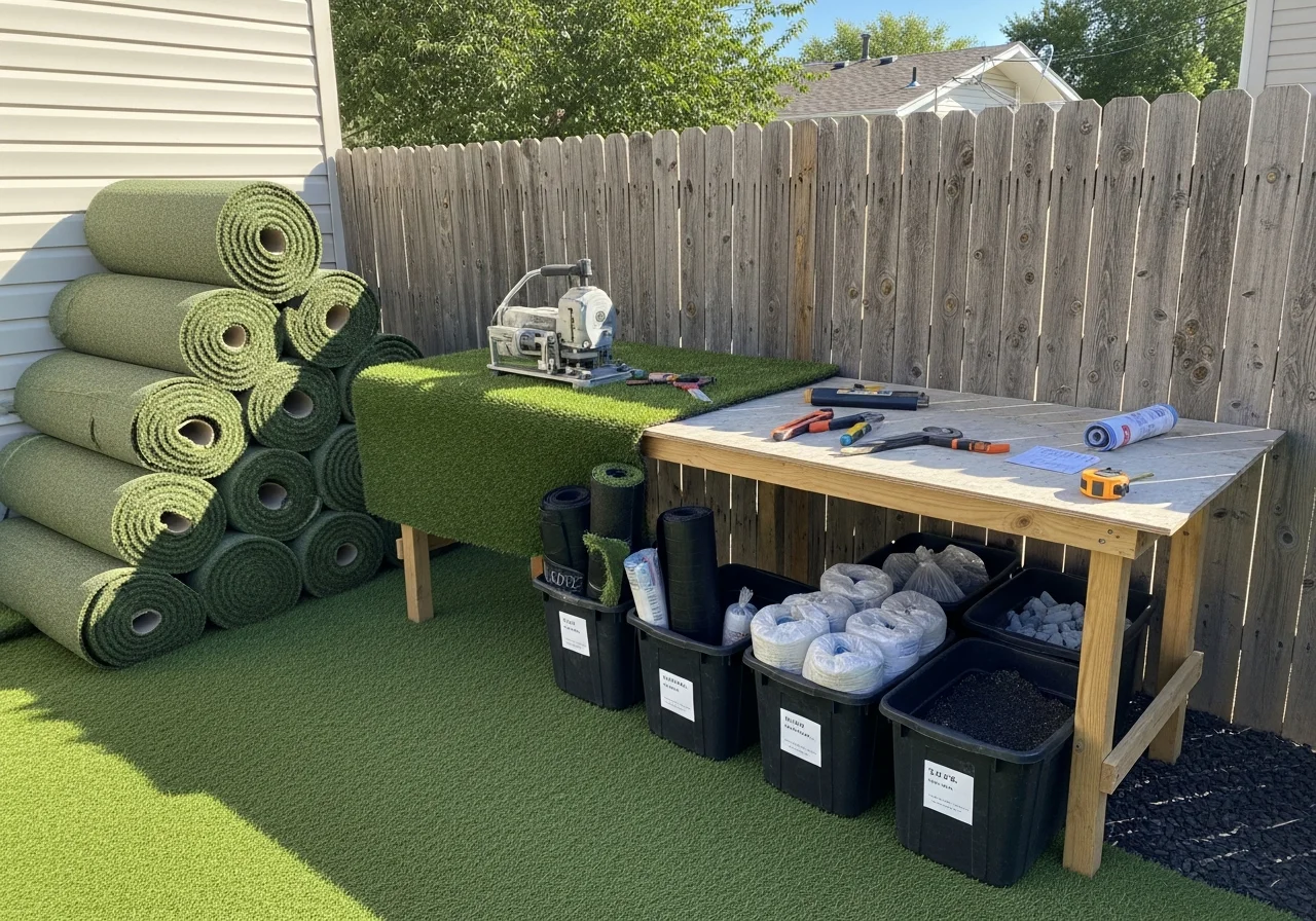 Artificial turf installation crew with equipment and materials on a residential backyard project site.