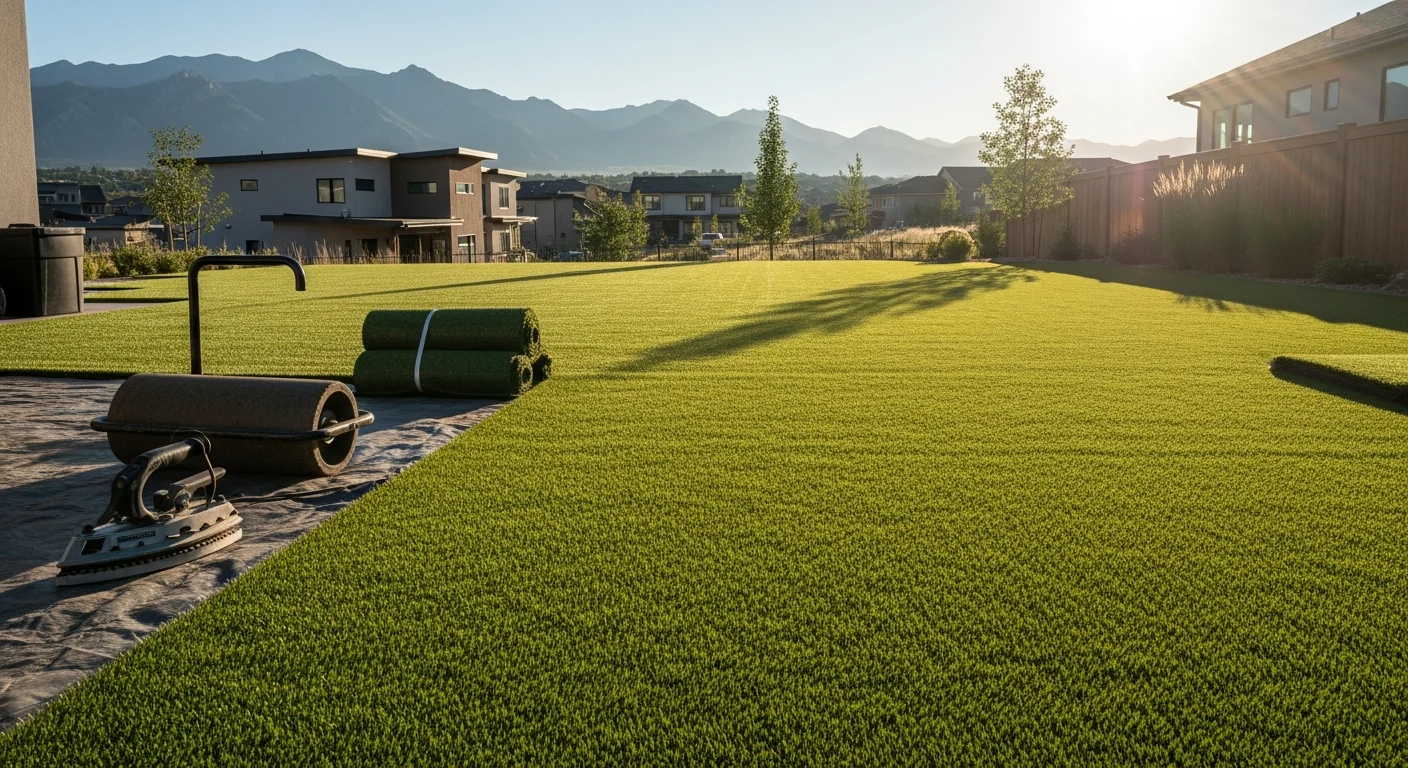 Artificial turf installation in a residential backyard in Denver