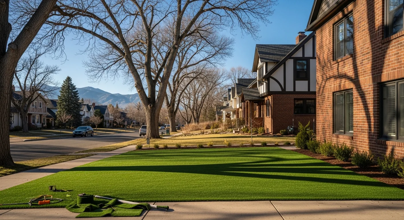 Residential street in Denver with mature trees, brick homes, and mountain views in the distance under clear blue sky.