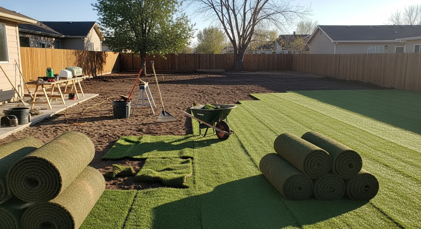A Denver backyard showing freshly installed artificial turf after old, worn synthetic grass was removed, with clean edges and a smooth, even surface. The yard is surrounded by a wood fence typical of residential properties in the Denver metro area.