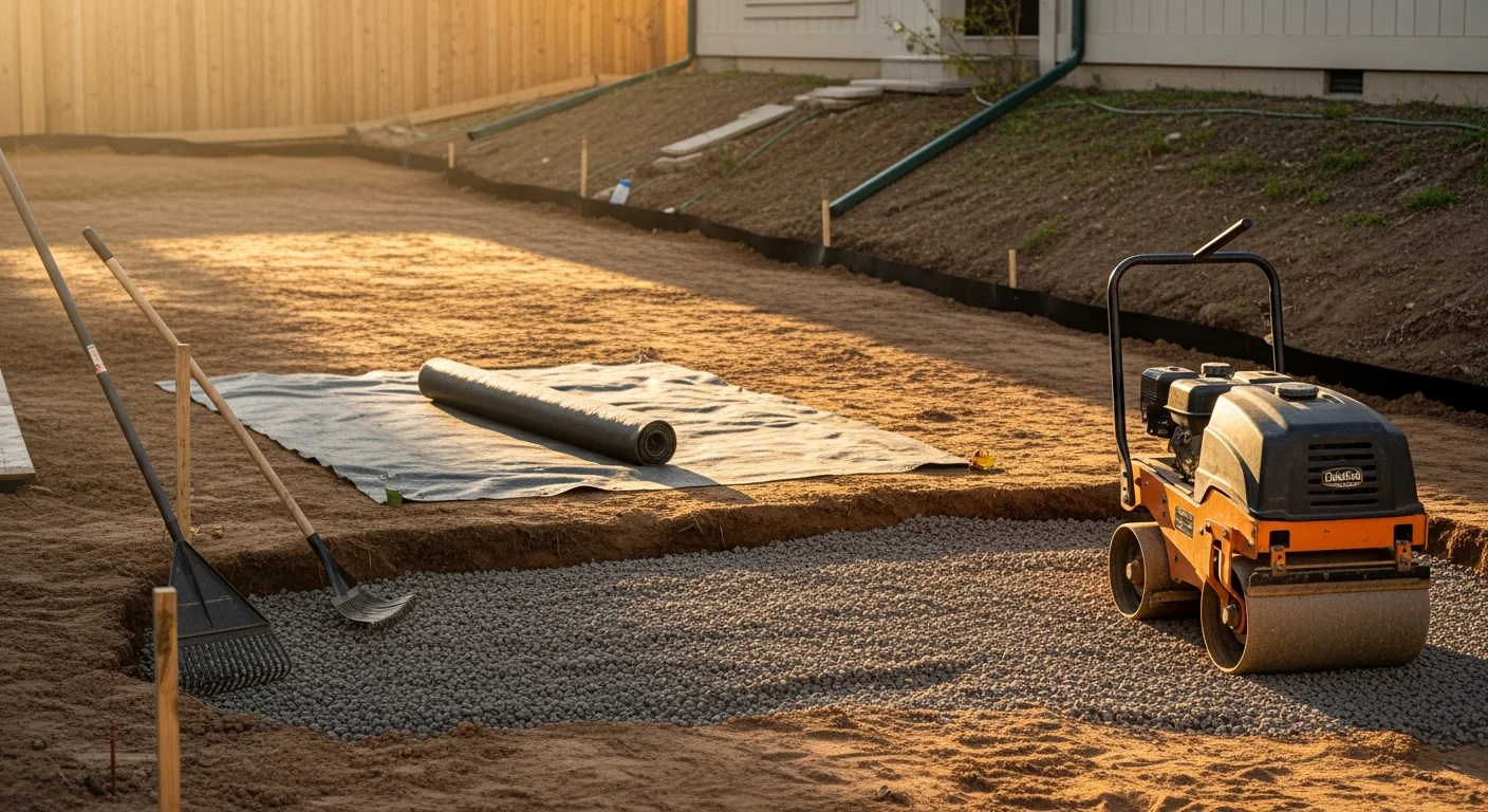 A Denver residential backyard mid-installation showing excavated clay soil, a freshly compacted crushed aggregate base layer, and graded edges ready for artificial turf placement. The surrounding fence line and flat Front Range sky are visible in the background.