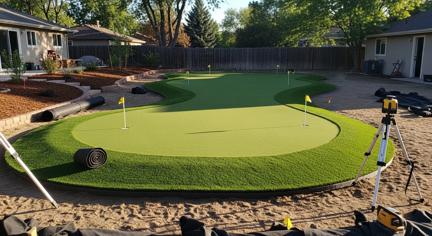 A custom backyard putting green installed by Timeless Grass & Greens at a Denver single-family home, showing multiple cup placements, shaped contours, and clean turf edges bordered by a wood privacy fence. The green sits in a mid-sized backyard under a clear Colorado sky.