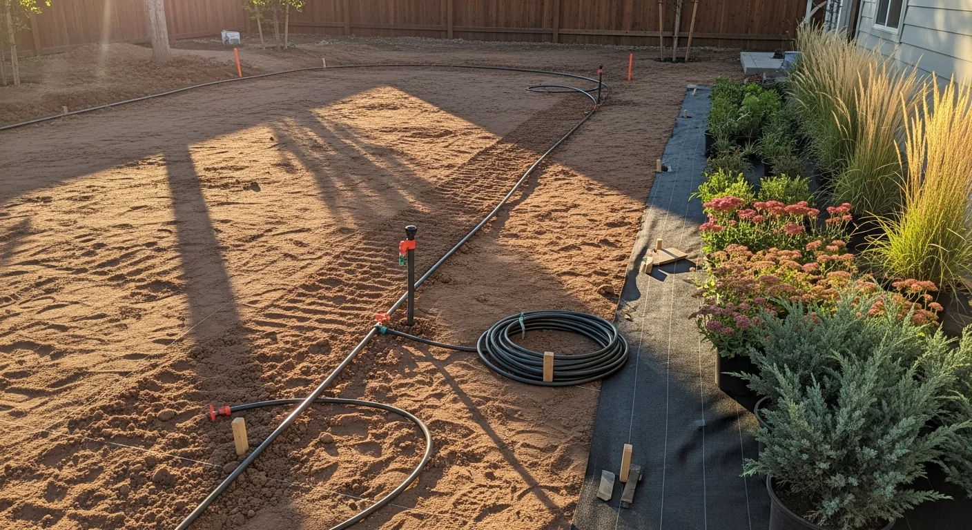 A finished backyard transformation in Denver showing a paved patio, defined planting beds with drought-tolerant plants, and a clean lawn area bordered by low-maintenance landscaping. The design reflects a practical outdoor living layout suited to Colorado's climate.
