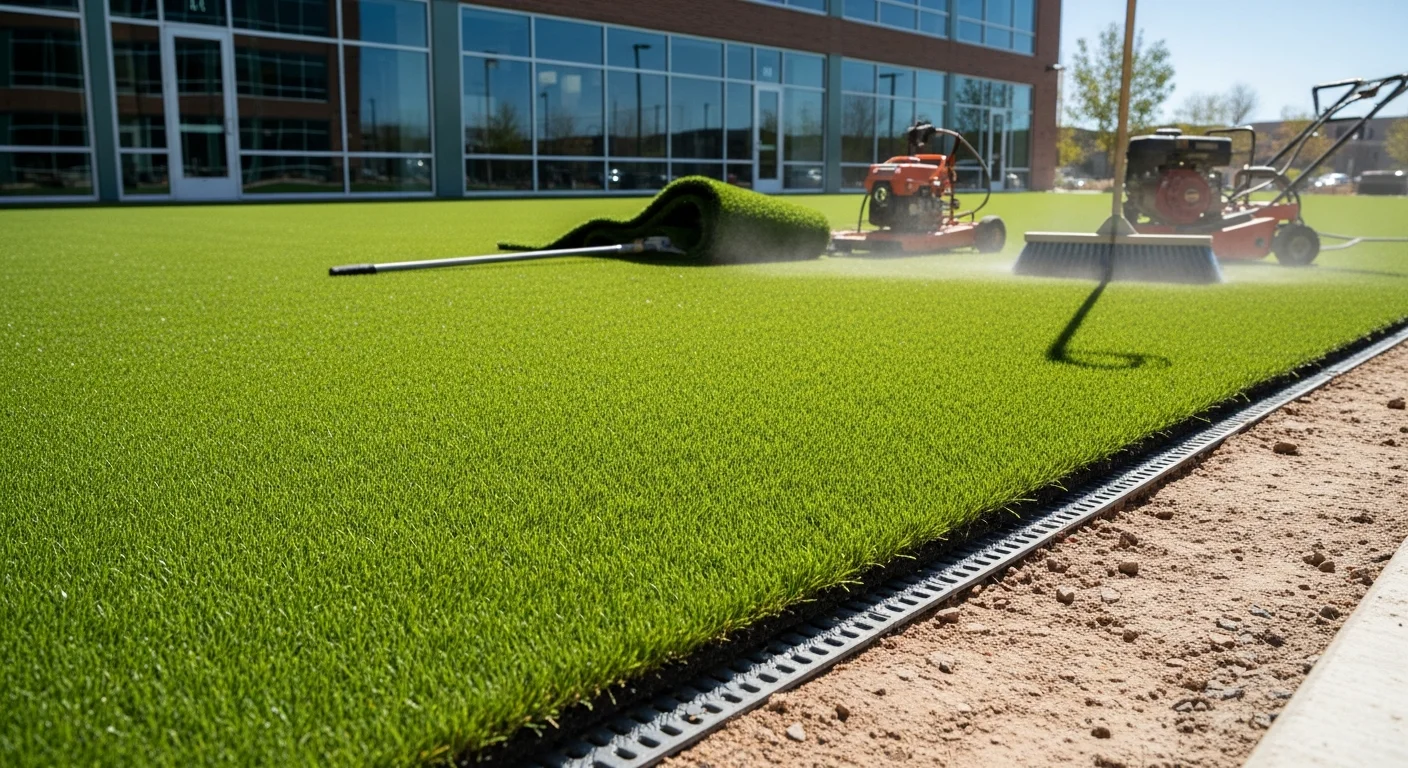 Freshly installed commercial artificial turf at a Denver office property entrance, showing a smooth, evenly cut green surface bordered by a concrete walkway. The turf area replaces an ornamental grass strip and maintains a clean, professional appearance.