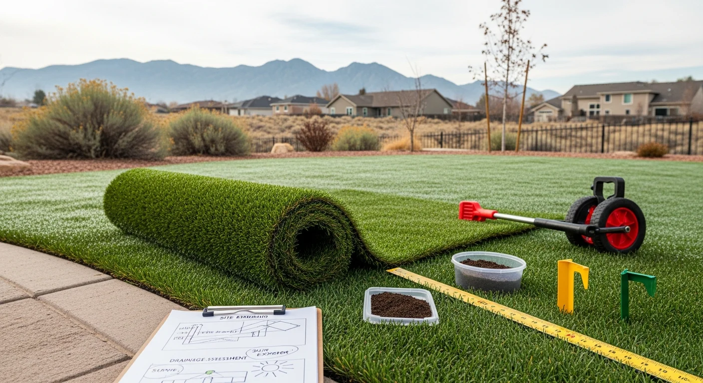 A Timeless Grass & Greens consultant reviewing a custom turf design layout on a residential property in Denver, Colorado. The yard shows a planned combination of artificial lawn turf and a backyard putting green area with hardscape edging.