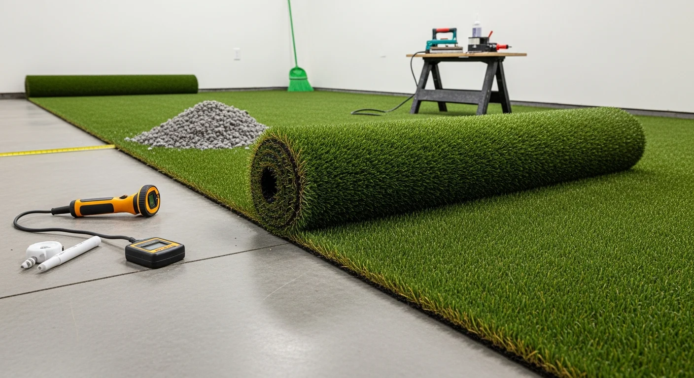 Indoor artificial turf installed on a concrete basement floor in a Denver home, showing tight seams and upright green blades across a clean, level surface. The space is set up as a home gym training area with bright overhead lighting.