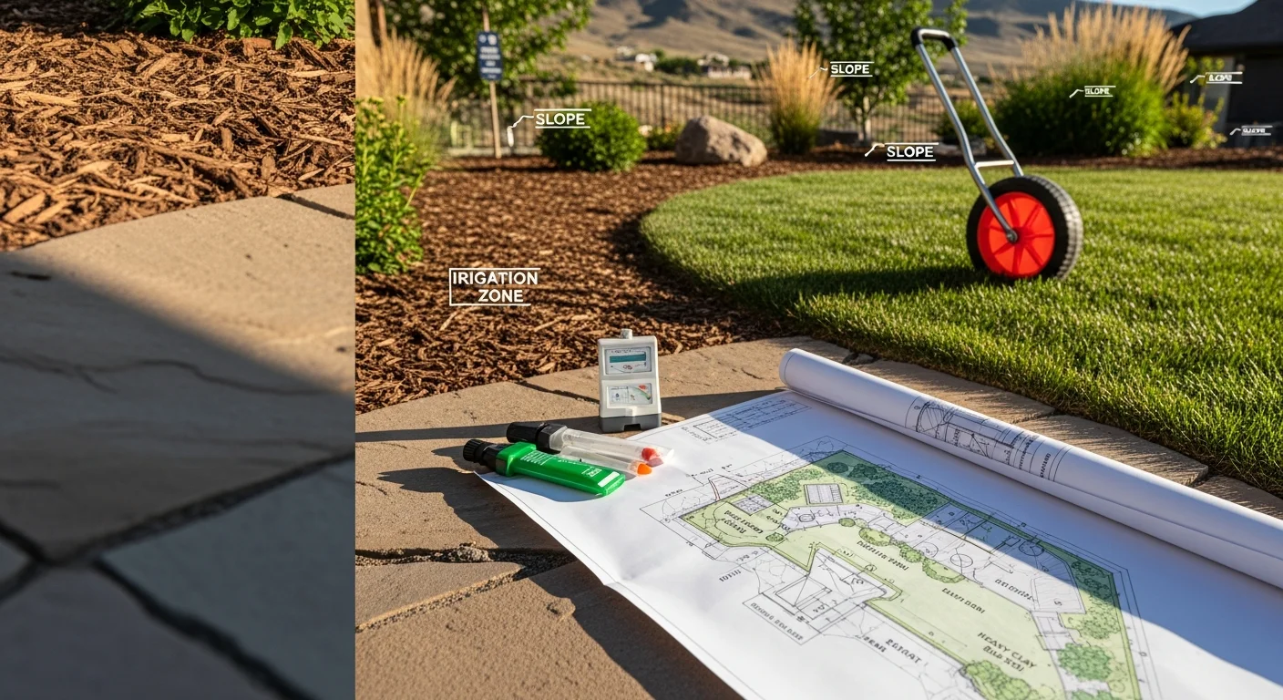 A Denver residential front yard showing a professionally designed landscape with layered native plantings, defined bed edges, and a stone walkway suited to Colorado's semi-arid climate. A landscape designer reviews a site plan on-property during a consultation visit.