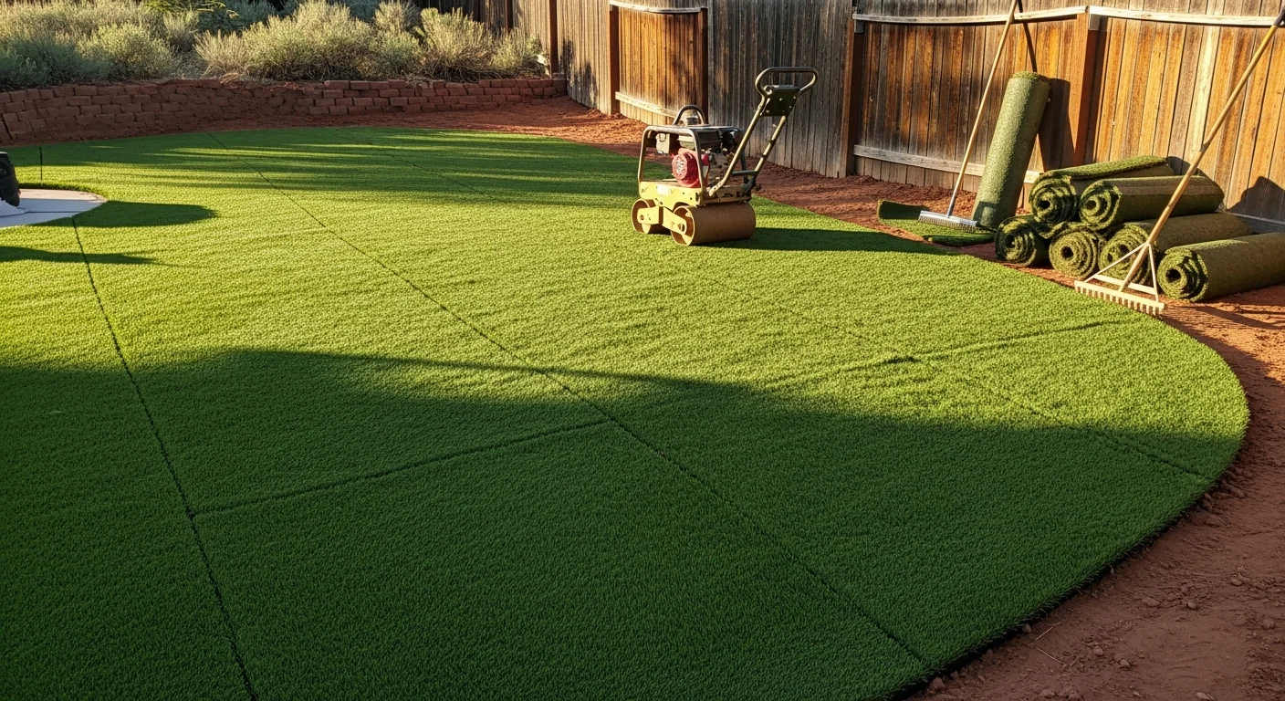 Freshly installed landscape turf in a Denver backyard showing clean edges, uniform green surface, and compacted base visible at the border. The yard is surrounded by a wood fence typical of residential Denver properties.