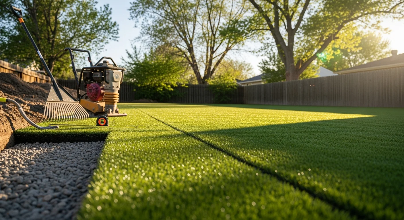 A lush, evenly green pet-friendly artificial turf backyard in Denver with a clear drainage base visible at the edge, installed by Timeless Grass & Greens. Two dogs play on the clean, dry turf surface with no mud or bare patches visible.