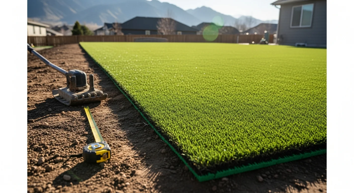Freshly installed playground turf in a Denver residential backyard, showing a smooth green surface beneath a children's play structure with a compacted base visible at the border edge.