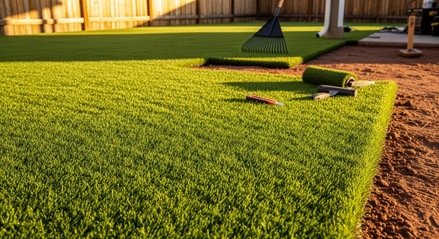 Freshly installed residential artificial turf in a Denver backyard, showing clean edges, upright green fibers, and a smooth surface ready for family use. The yard borders a wood fence typical of Denver residential properties.