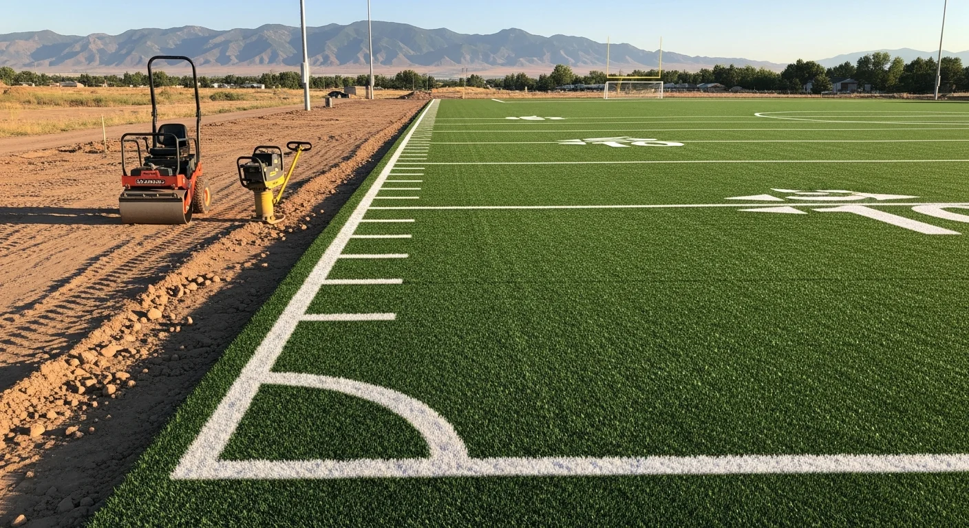 Freshly installed synthetic sports field turf at a Denver athletic facility, showing uniform green surface with painted field markings and a compacted drainage base visible at the edge. Wide-angle view of the full playing field under Colorado's open sky.