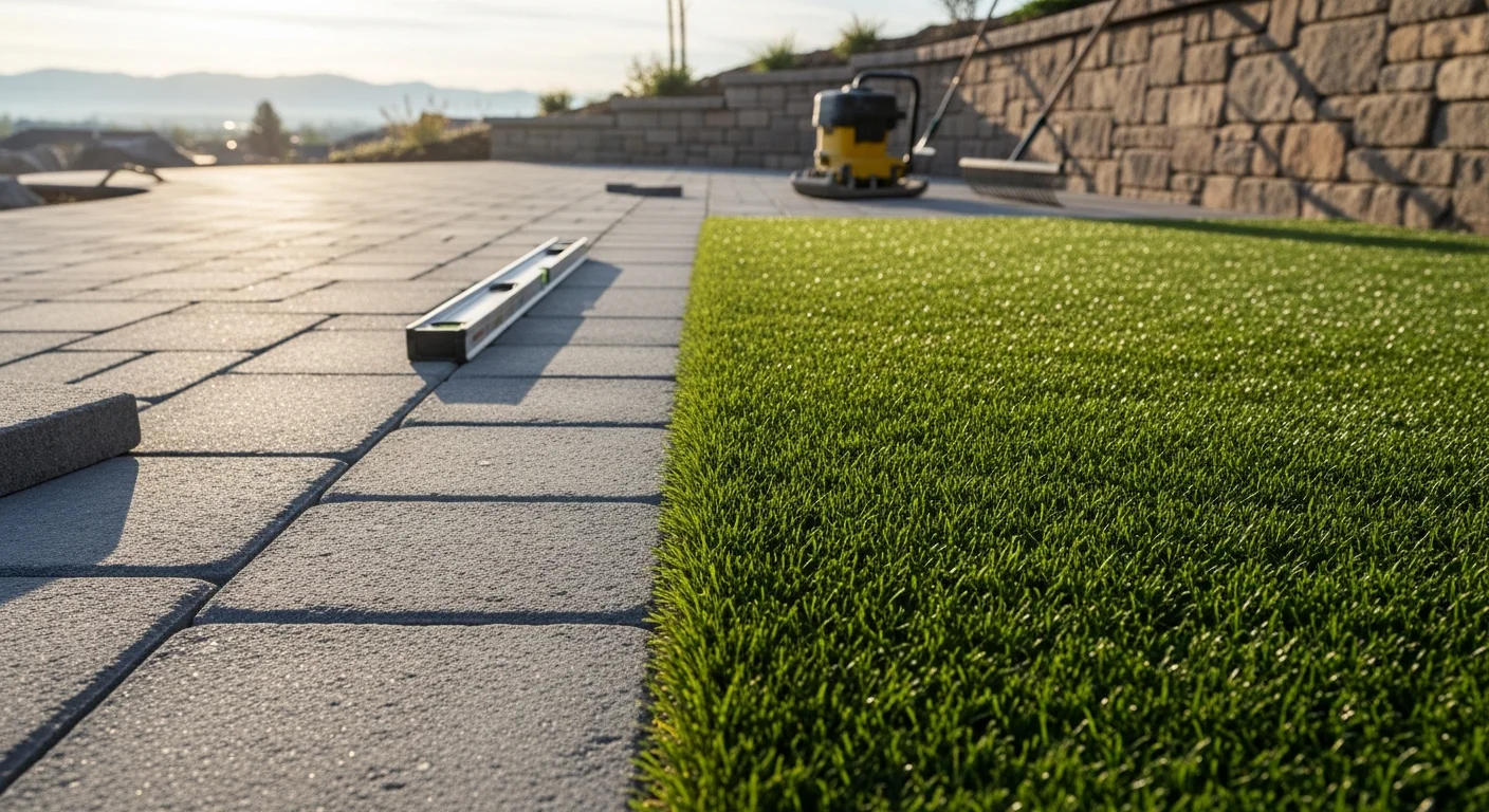 A Denver backyard showing synthetic turf panels set flush against concrete pavers, with clean border edging and a patio seating area in the background. The yard is level and fully installed with no visible gaps between the turf and hardscape surfaces.